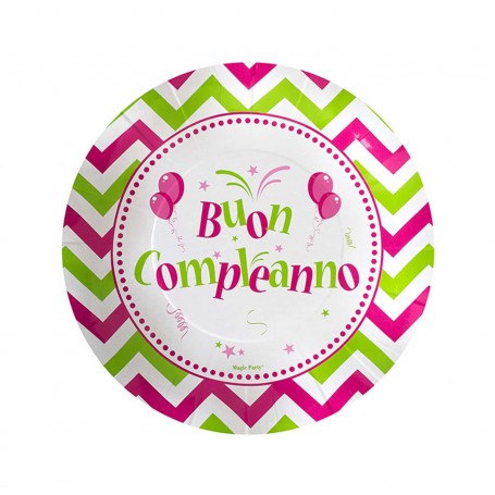 PIATTI BUON COMPLEANNO CHEVRON FUXIA